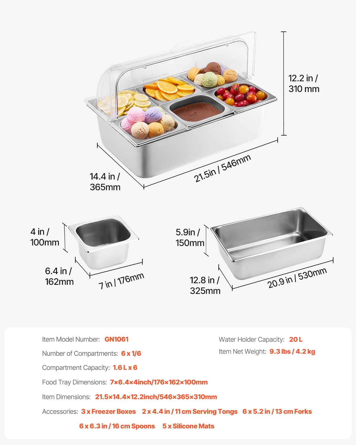 VEVOR Chilled Condiment Server, 4 Compartment Ice Cooled Condiment Serving Container, Chilled Garnish Tray Bar Caddy with Lid, for Bartending & Serving Taco, Salad, Fruit, Home & Restaurant Supplies
