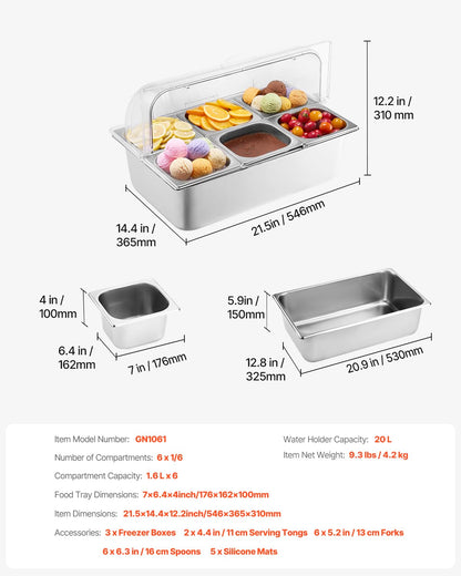 VEVOR Chilled Condiment Server, 4 Compartment Ice Cooled Condiment Serving Container, Chilled Garnish Tray Bar Caddy with Lid, for Bartending & Serving Taco, Salad, Fruit, Home & Restaurant Supplies