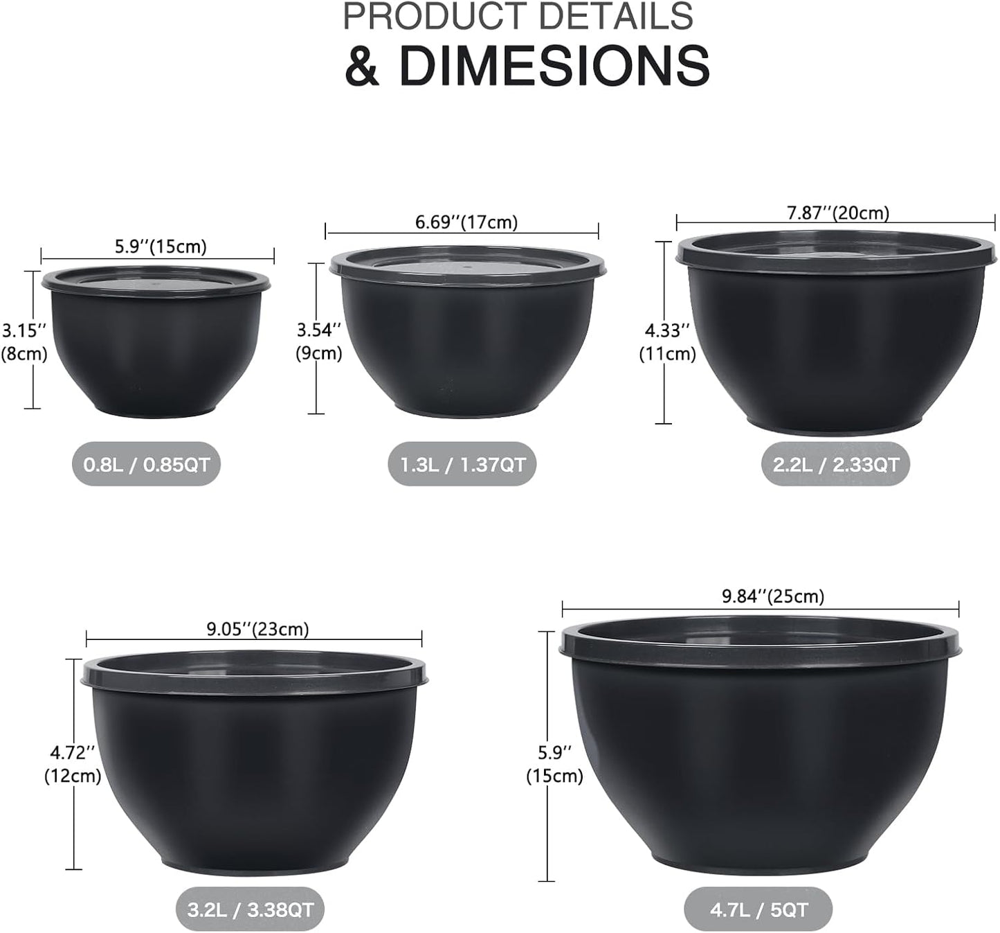 Greentainer Plastic Mixing Bowls with Lids Set for Kitchen, 5 Set Nesting Bowls for Mixing, Baking, Prepping, Cooking and Serving Food, Mixing Bowls Dishwasher, Microwave Safe