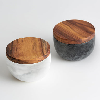 jalz jalz Acacia Wood Salt Cellar with white Marble Lid, 10oz Pinch Pot & Spoon