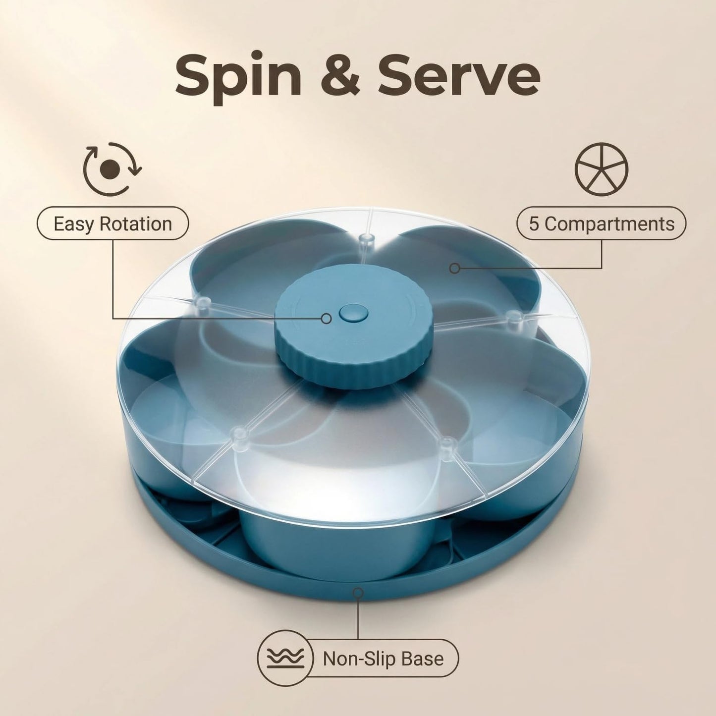 Divided Serving Tray That Spins - Perfect for Snacks, Dips & Party Appetizers, Rotating Snack Box Container with Lid, Lazy Susan Organizer Veggie Fruit Tray for Kitchen,Travel and Picnic (Blue)