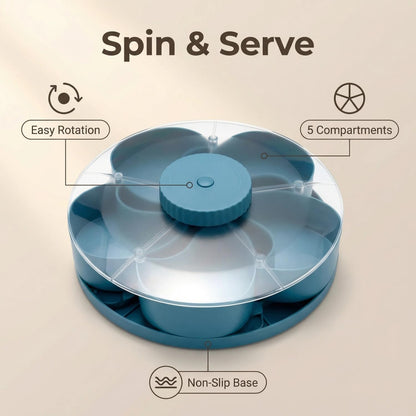 Divided Serving Tray That Spins - Perfect for Snacks, Dips & Party Appetizers, Rotating Snack Box Container with Lid, Lazy Susan Organizer Veggie Fruit Tray for Kitchen,Travel and Picnic (Blue)