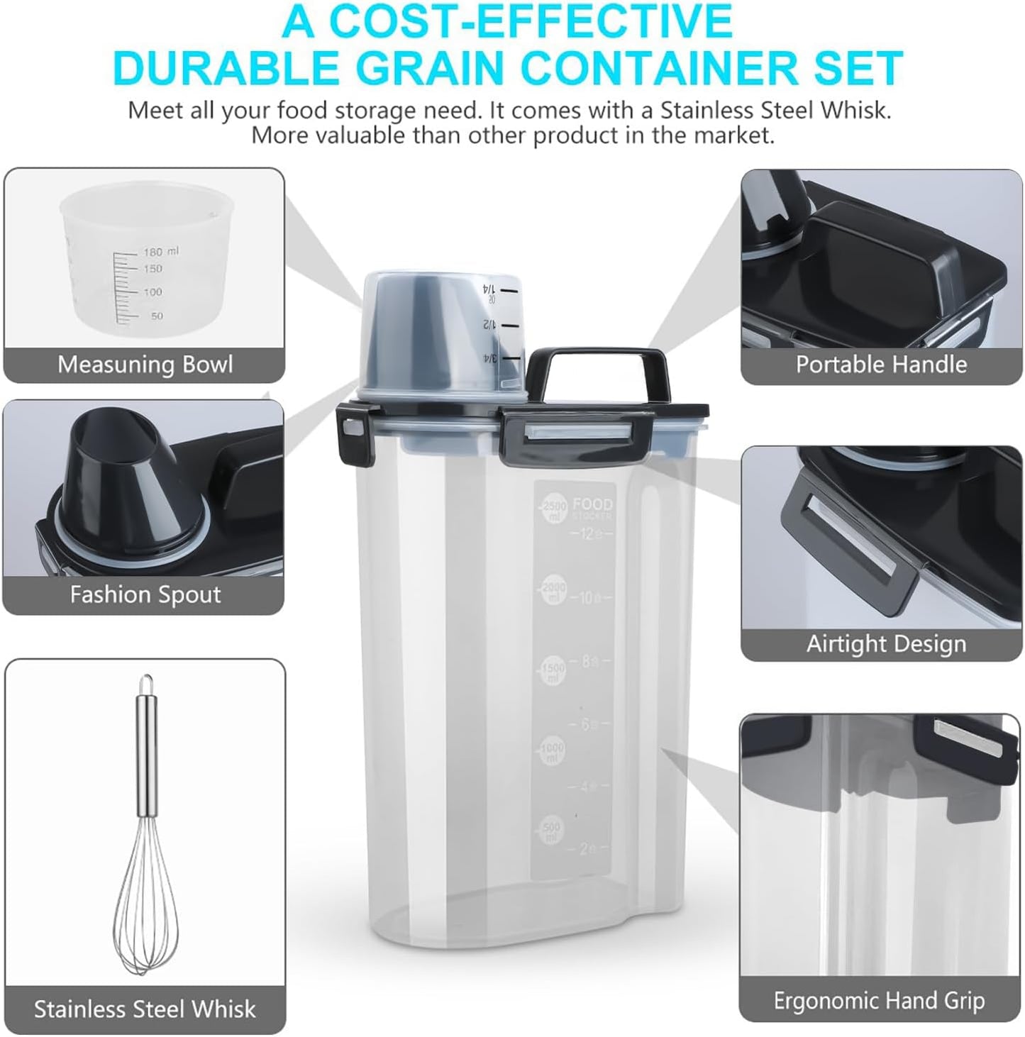 Uppetly Rice Airtight Dry Food Storage Containers, BPA Free Plastic Storage Bin Dispenser with Pourable Spout, Measuring cup for Cereal, Flour and Baking Supplies, Include a Stainless Steel Whisk