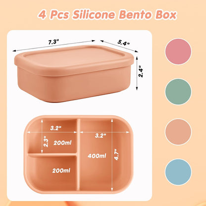 Layhit 4 Pcs Silicone Bento Box for Adults, 27 oz Bento Lunch Container Reusable 3 Compartment Lunchable Food Container for Women Men, Leak Proof Microwave Dishwasher Freezer Safe (Cool Colors)