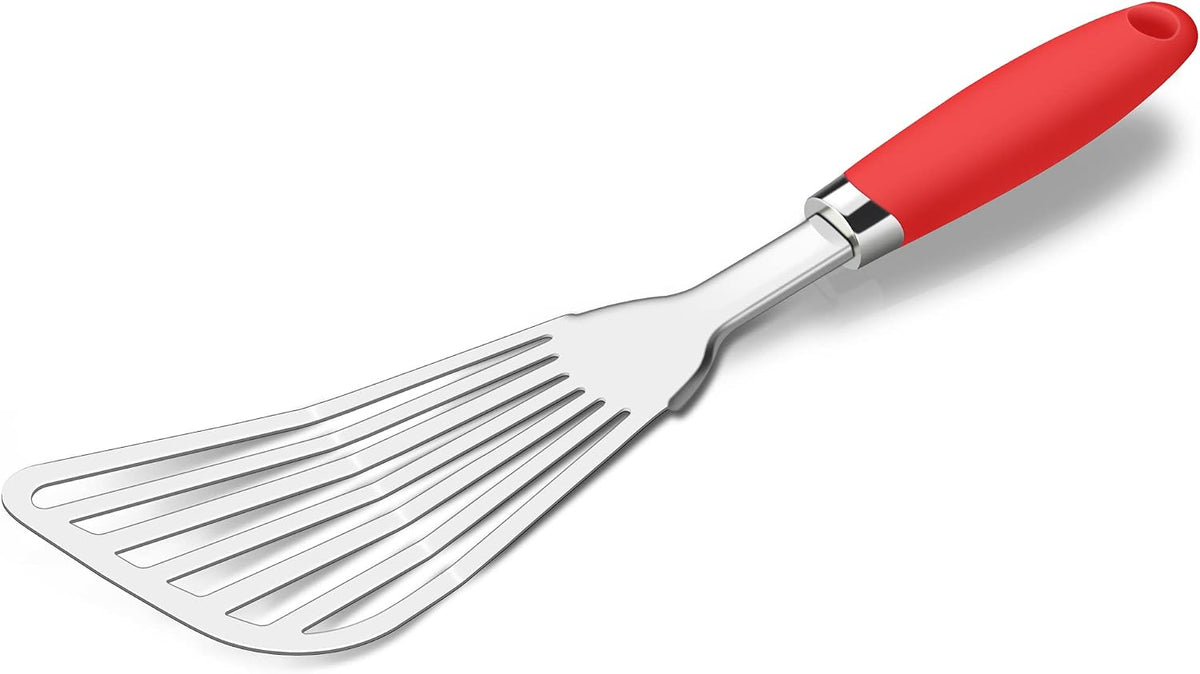 304 Stainless Steel Fish Spatula, Thin Flexible Slotted Turner | Non-Slip Ergonomic Handle, Metal Spatula for Fish, Eggs, Burgers, Cast Iron & Griddle, Black