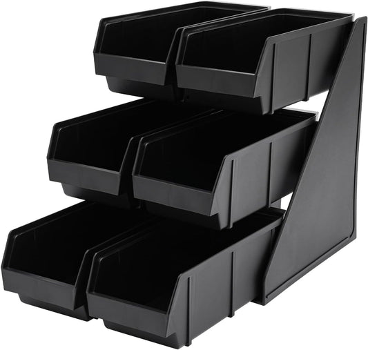 6 Compartment Serve Condiment Bin, 3-Tier Self Serve Condiment Bin Stand, Plastic Containers Storage Bins, Countertop Condiment Organizer for Coffee Shops Restaurants Bars
