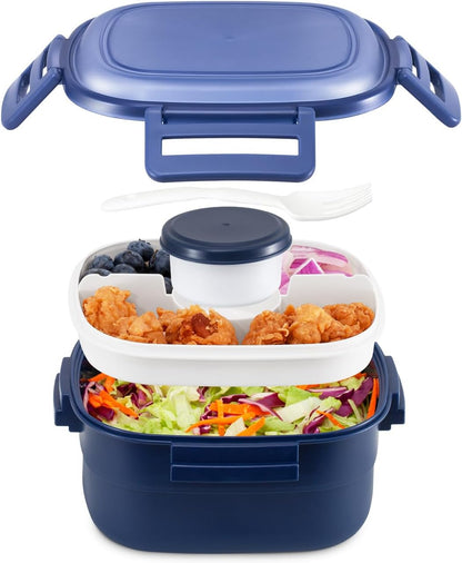 Salad Container for Lunch - 55 oz Salad Bowl with 4-Compartment Bento-Style Tray, 3 oz Sauce Box, Reusable Spork & BPA-Free, Lunch Box for Meal Prep & Food Storage(Gray)