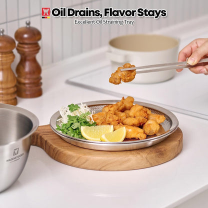 WAGENSTEIGER 3-Piece Stainless Steel Mixing Bowl Set with Strainer & Oil Drain Tray – Nesting Prep & Baking Bowls with Measurement Marks (9.45 in)