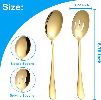 Serving Spoons Set, 8.7 Inch Serving Spoon, Slotted Spoons, Gold