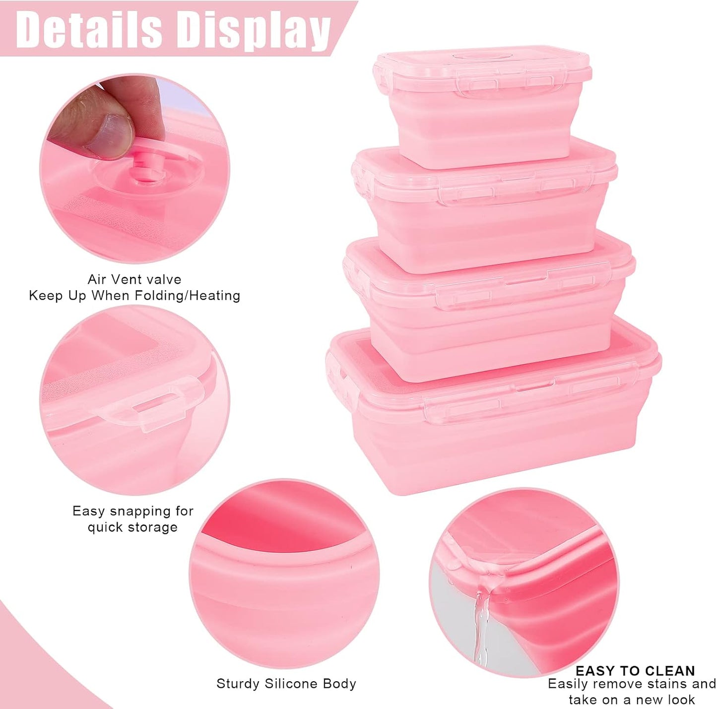 Collapsible Silicone Food Storage Containers with Lids,Set of 4 Silicone Lunch Box Containers,Foldable Meal Prep Container for Kitchen,Microwave & Dishwasher & Freezer Safe,BPA Free(Square Pink,4PCS)