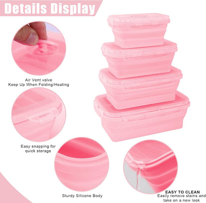 Collapsible Silicone Food Storage Containers with Lids,Set of 4 Silicone Lunch Box Containers,Foldable Meal Prep Container for Kitchen,Microwave & Dishwasher & Freezer Safe,BPA Free(Square Pink,4PCS)
