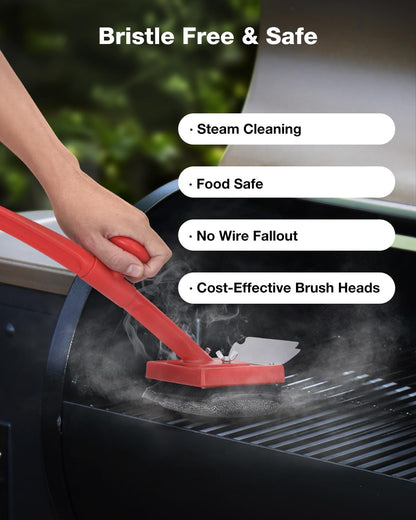Grill Brush, Bristle Free, Safe Wire Bristles Steam Cleaning Brush, Cleaning Kit for Outdoor Grill, BBQ Cleaner Accessories, 2 Replacement Heads（Bristle Free & Wire Bristles）