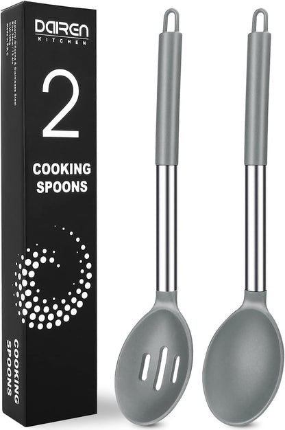 Pack of 2 Large Silicone Cooking Spoons, BPA Free Kitchen Scoops (Black)