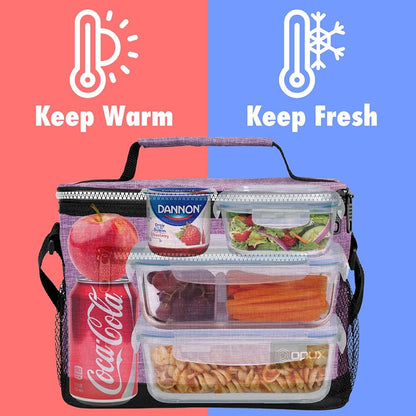 opux Insulated Lunch Box Men Women, Lunch Bag for Work School, Leakproof Soft Cooler Tote Adult, Large Lunch Pail Kids Boys Girls, Picnic Beach Food Bag with Shoulder Strap, Purple Floral