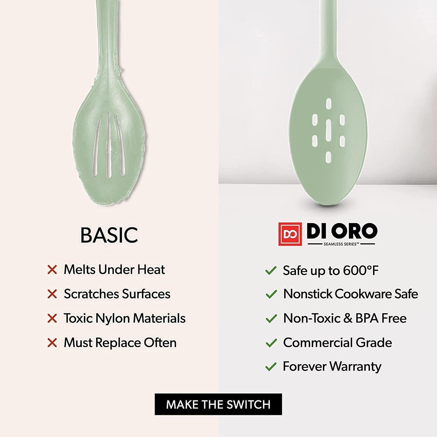 DI ORO Silicone Spoons for Cooking - Large Kitchen Spoons for Mixing, Serving, & Stirring - 600°F Heat-Resistant Non Stick Utensils – Big Solid & Slotted - Dishwasher Safe (2pc, Black)