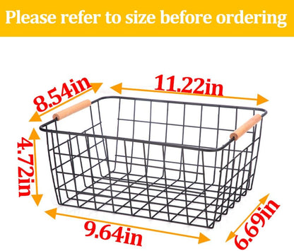 LeleCAT Large black wire basket for Organizing with Wooden Handles,pantry refrigerator organizers and storage,Snack Storage Baskets for Cabinets, Closets, Bedrooms, kitchen -2pack（Black）