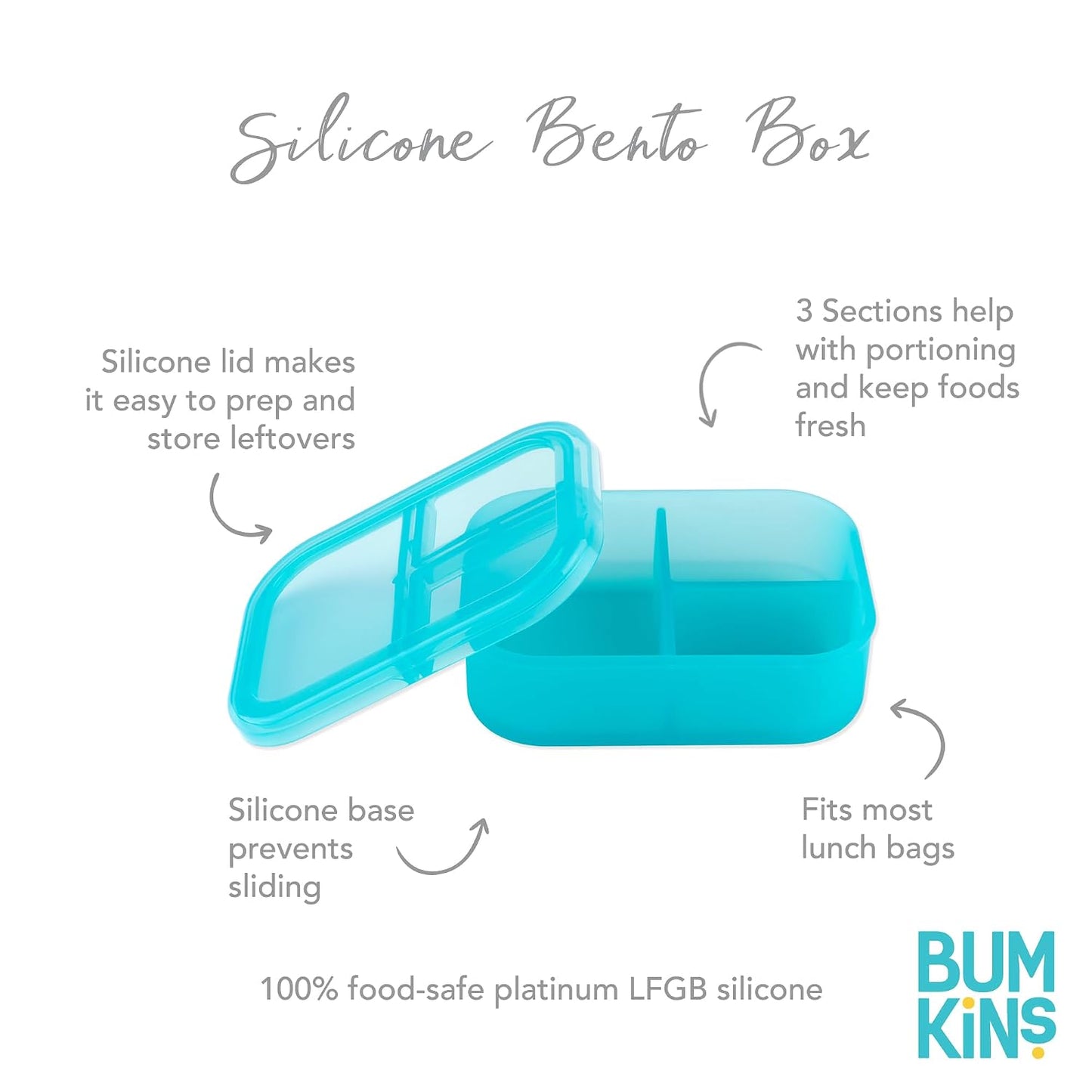 Bumkins Snack/Lunch Bento Box for Kids and Adults, 3 Compartment Container, Leak Proof Lid, for Portioning, Large Section Can Hold Sandwich, Food-Safe LFGB Platinum Silicone, Microwave-Safe, Pink