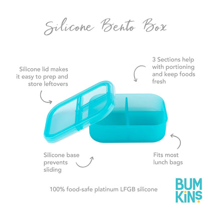 Bumkins Snack/Lunch Bento Box for Kids and Adults, 3 Compartment Container, Leak Proof Lid, for Portioning, Large Section Can Hold Sandwich, Food-Safe LFGB Platinum Silicone, Microwave-Safe, Pink