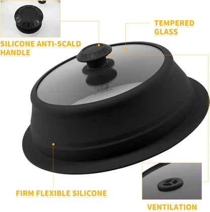 Collapsible Microwave Splatter Lid with Vented Tempered Glass Cover Wok Lid for Microwave Safe, Stockpot Steamer Pot Pan Round Bowl 6" 7" 8" 9" 10" 11" 12" Universal Multifunction Silicone Cover