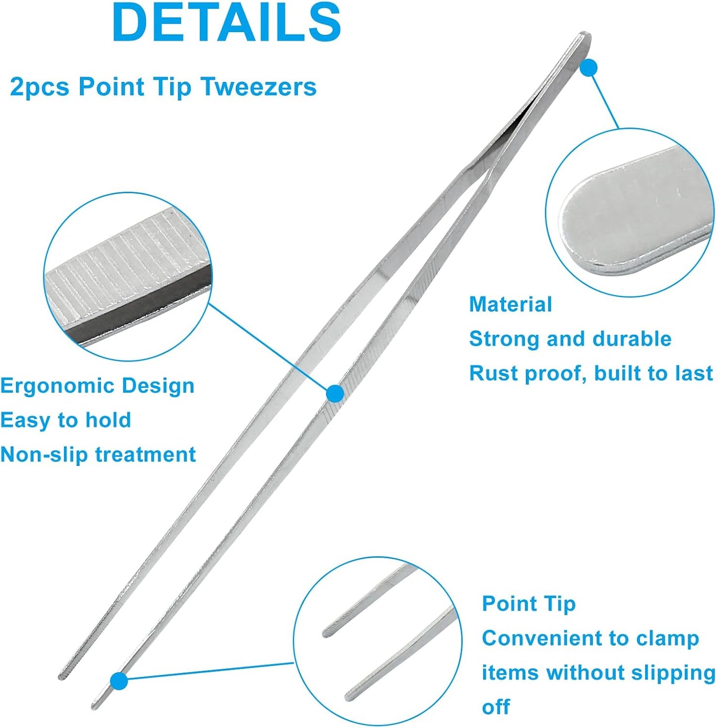 3Pcs Stainless Steel Tweezer Set (8" 10" 12"), Kitchen Tweezers Tongs, Cooking Tweezers with Precision Serrated Straight Tips, Long Handle Food Tweezers for Culinary, Bar, BBQ, Plating