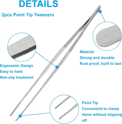 3Pcs Stainless Steel Tweezer Set (8" 10" 12"), Kitchen Tweezers Tongs, Cooking Tweezers with Precision Serrated Straight Tips, Long Handle Food Tweezers for Culinary, Bar, BBQ, Plating