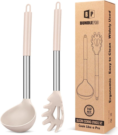 BUNDLEPRO Silicone Soup Ladle and Pasta Spoon Set, 2 Pack, Gray