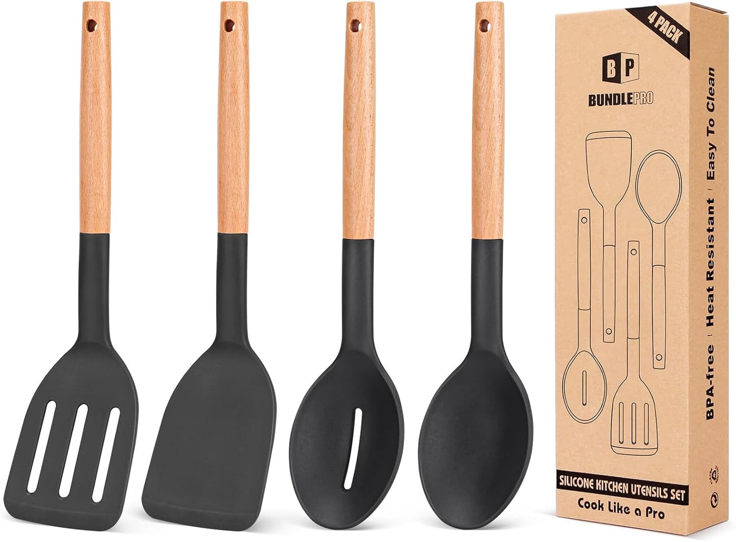 Pack of 4 Silicone Cooking Utensils Set, Non Stick Solid Spatulas and Heat Resistant Slotted Spoons with Wooden Handle, Ideal Wood Kitchen Utensils Set for Frying,Serving,Turning,Stirring (KHAKI)