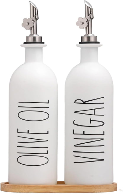 HOMCDALY Premium Olive Oil Dispenser for Kitchen, 11.8oz Glass Oil Bottles with Bamboo Tray, White Oil&Vinegar Cruet Set, Kitchen Dispenser Bottles with Pourer| Set of 2 (11.8oz –P–White)