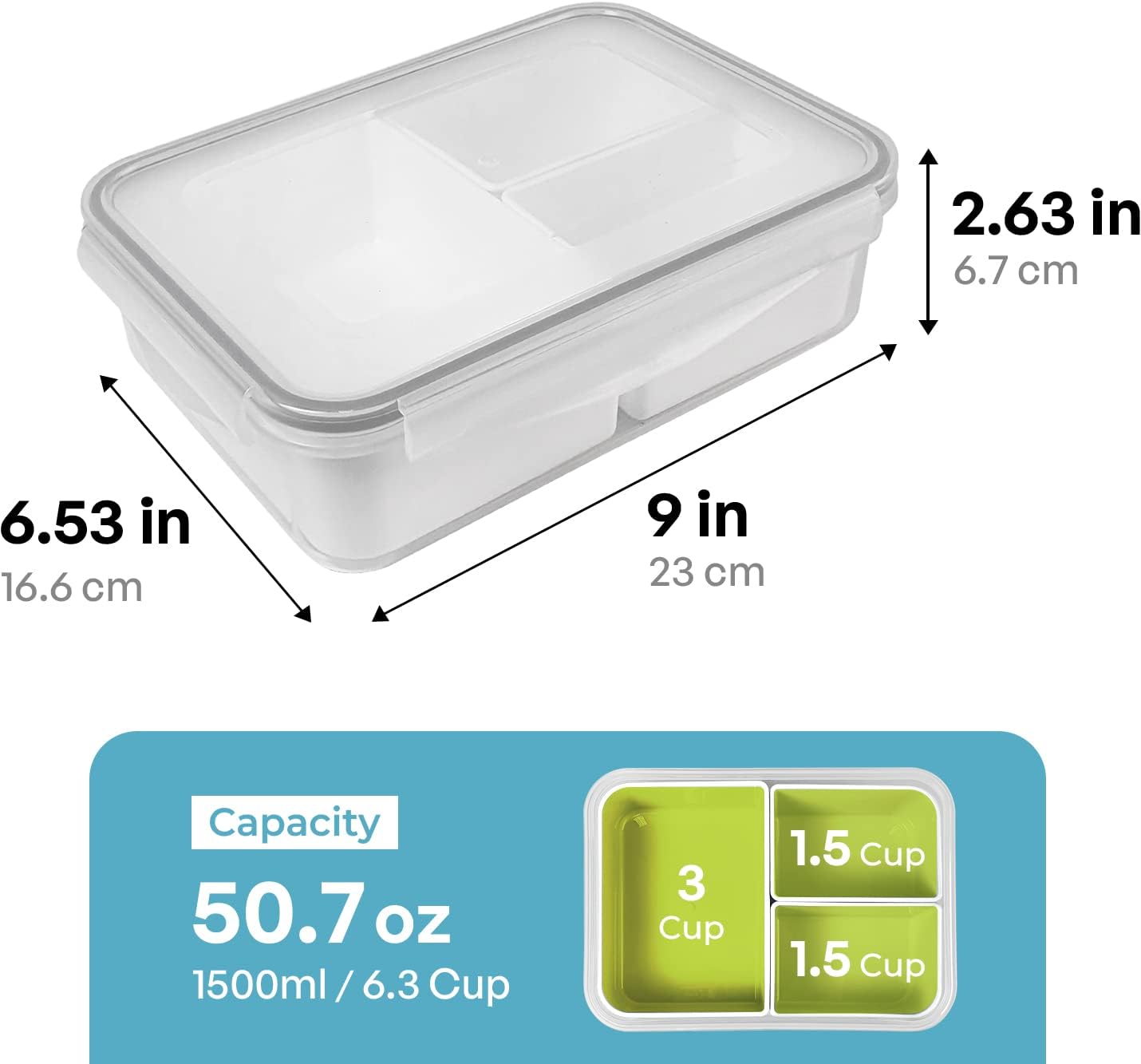 carrotez Food Storage Containers with 3 Removable Compartments, Food Prep Container with Airtight Lids, Portion Control Container, Microwave Safe, Reusable, 4.64 Cup (1100ml)