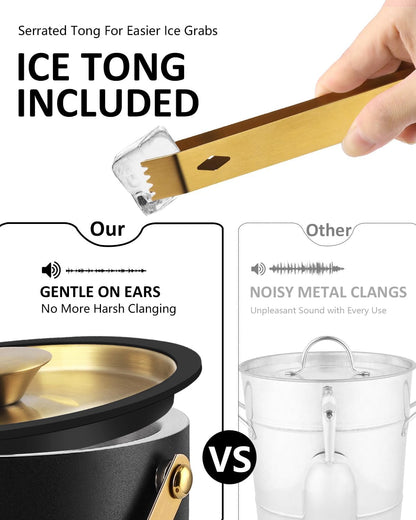 Bakpoco Insulated Ice Bucket with Silicone Lid, Scoop, Tongs & Strainer, 3L Stainless Steel Double Wall Ice Buckets for Parties & Cocktail Bar, Champagne Ice Bucket with Lid for Freezer, Ivory