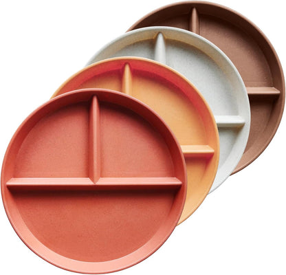 greenandlife 9 Inch 4PCS Portion Control Plates with Lids, Divided Plates for Kids Adults, Dishwasher Microwave Safe Compartment Plate, Unbreakable Lightweight Reusable Wheat Straw Plate, Earth Tone