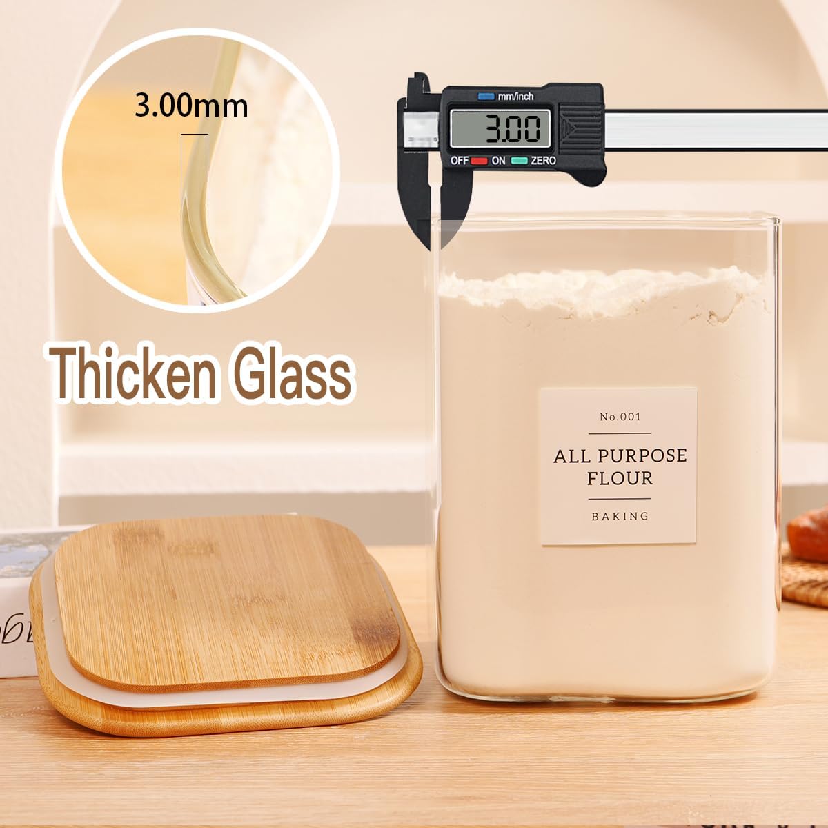 2 Pack large Square Glass Flour and Sugar Containers with 132 Kitchen Pantry Labels - 149 floz & 71 floz - Glass Jars with Airtight Bamboo Lid - Glass Rice Canisters for Coffee, Pasta, Cookie, Cereal