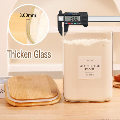 2 Pack large Square Glass Flour and Sugar Containers with 132 Kitchen Pantry Labels - 149 floz & 71 floz - Glass Jars with Airtight Bamboo Lid - Glass Rice Canisters for Coffee, Pasta, Cookie, Cereal