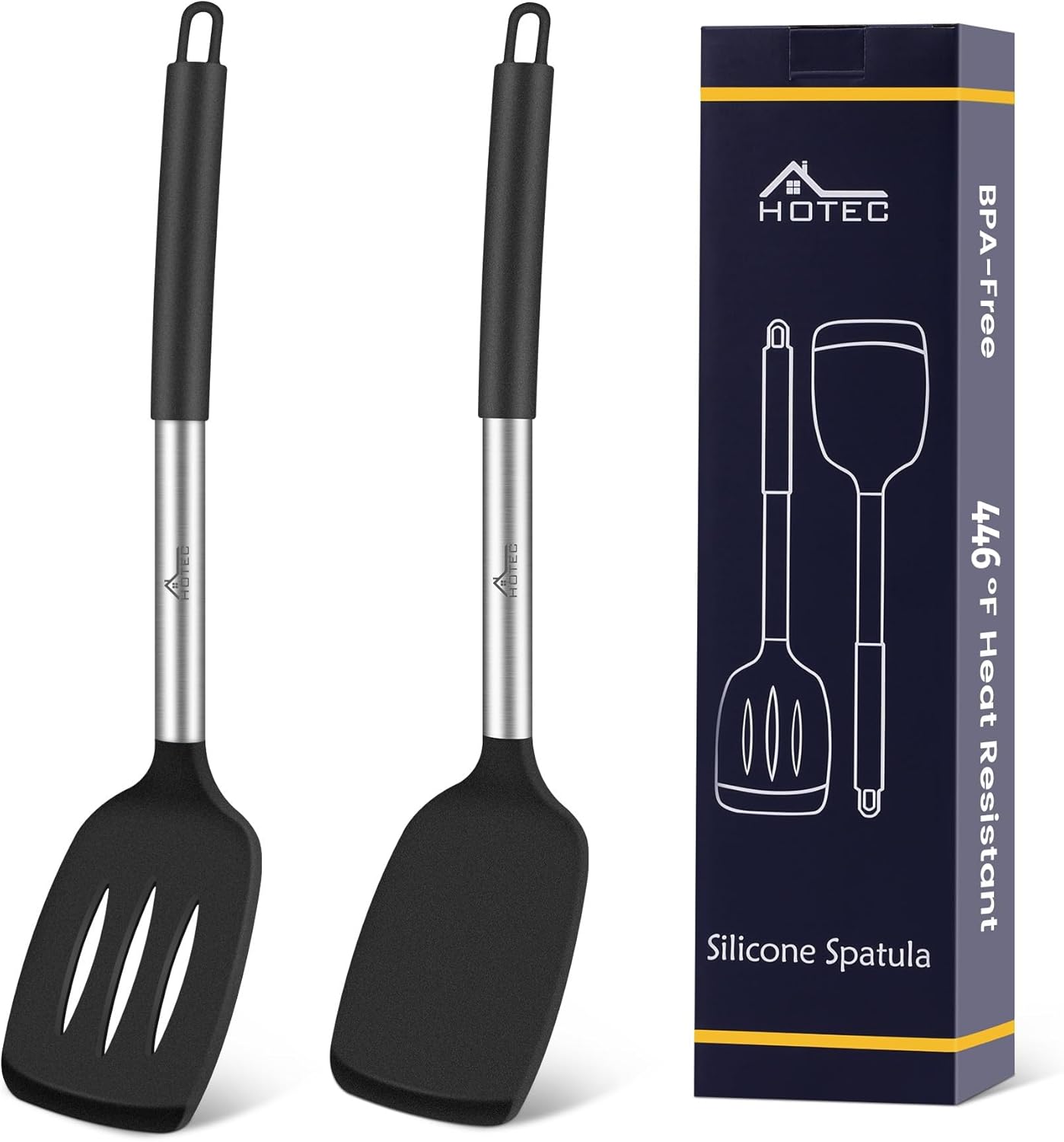 HOTEC Silicone Spatula Set of 2 Heat-Resistant 600°F & BPA-Free Kitchen SaptulaTurner with Stainless Steel Handles, Slotted & Solid Spatulas for Nonstick Cookware, 13.7 Inch, Classic Blue