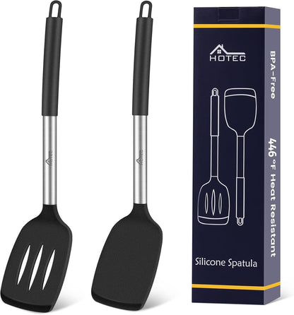 HOTEC Silicone Spatula Set of 2 Heat-Resistant 600°F & BPA-Free Kitchen SaptulaTurner with Stainless Steel Handles, Slotted & Solid Spatulas for Nonstick Cookware, 13.7 Inch, Classic Blue