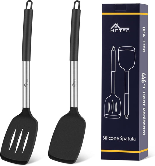 HOTEC Silicone Spatula Set of 2 Heat-Resistant 600°F & BPA-Free Kitchen SaptulaTurner with Stainless Steel Handles, Slotted & Solid Spatulas for Nonstick Cookware, 13.7 Inch, Classic Blue