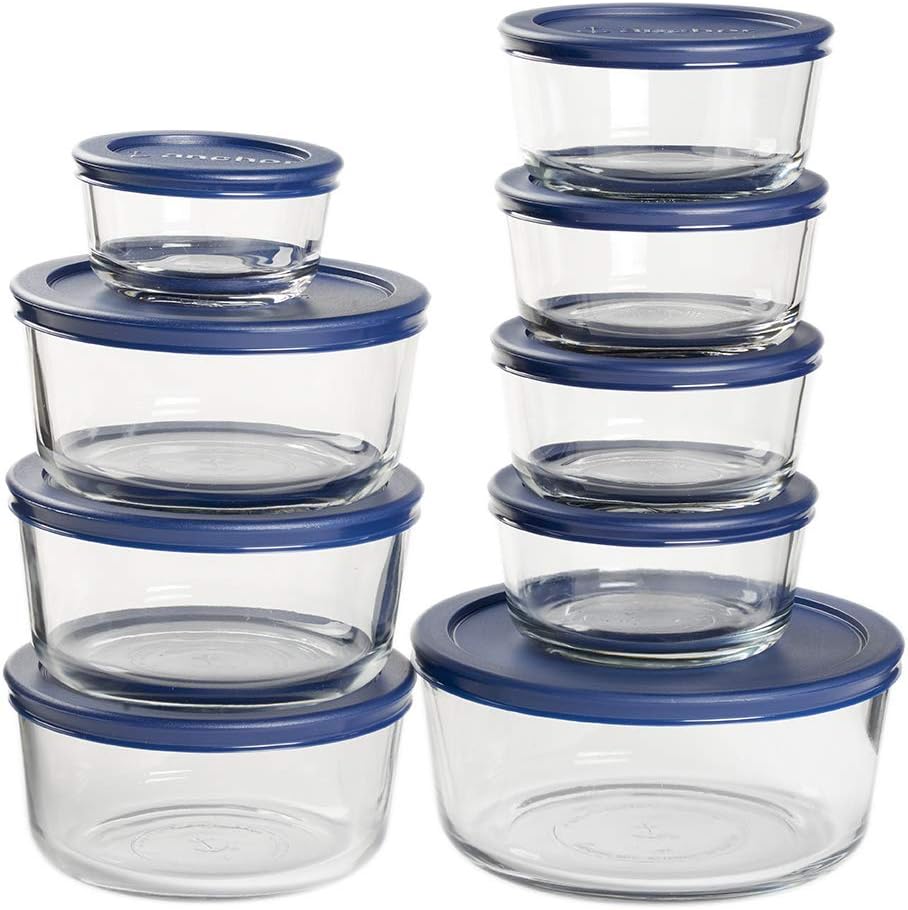 Anchor Hocking 12 Piece Glass Storage Containers with Lids (6 Glass Food Storage Containers & 6 Navy Blue SnugFit Lids)
