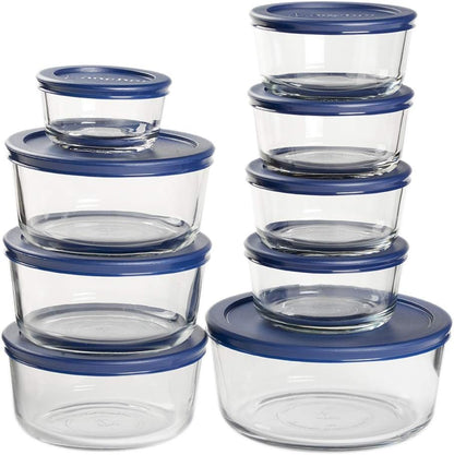 Anchor Hocking 12 Piece Glass Storage Containers with Lids (6 Glass Food Storage Containers & 6 Navy Blue SnugFit Lids)
