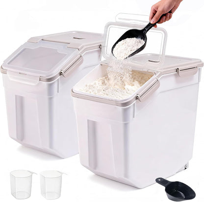 RUIAN 2Pcs Large Flour Storage Container Bin 50Lb Airtight Rice Storage Containers with Wheels Seal Locking Lid, BPA Free with Measuring Cup&Scoop for Flour, Rice, Grain 100LBS Total (Blue)