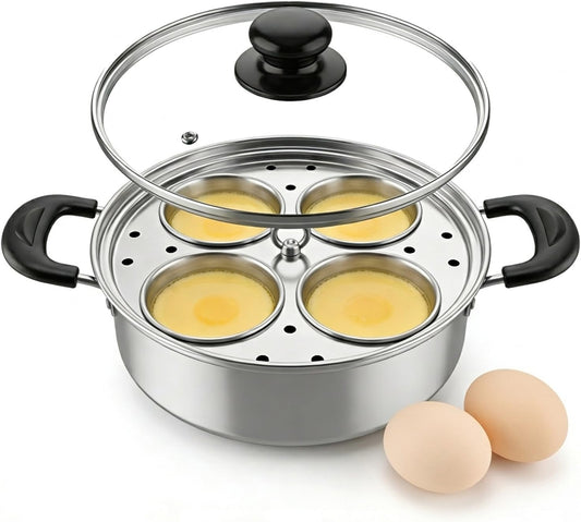 Egg Poacher Pan, Poached Egg Pan with Lid, Stainless Steel, Egg Poacher for Home Kitchen