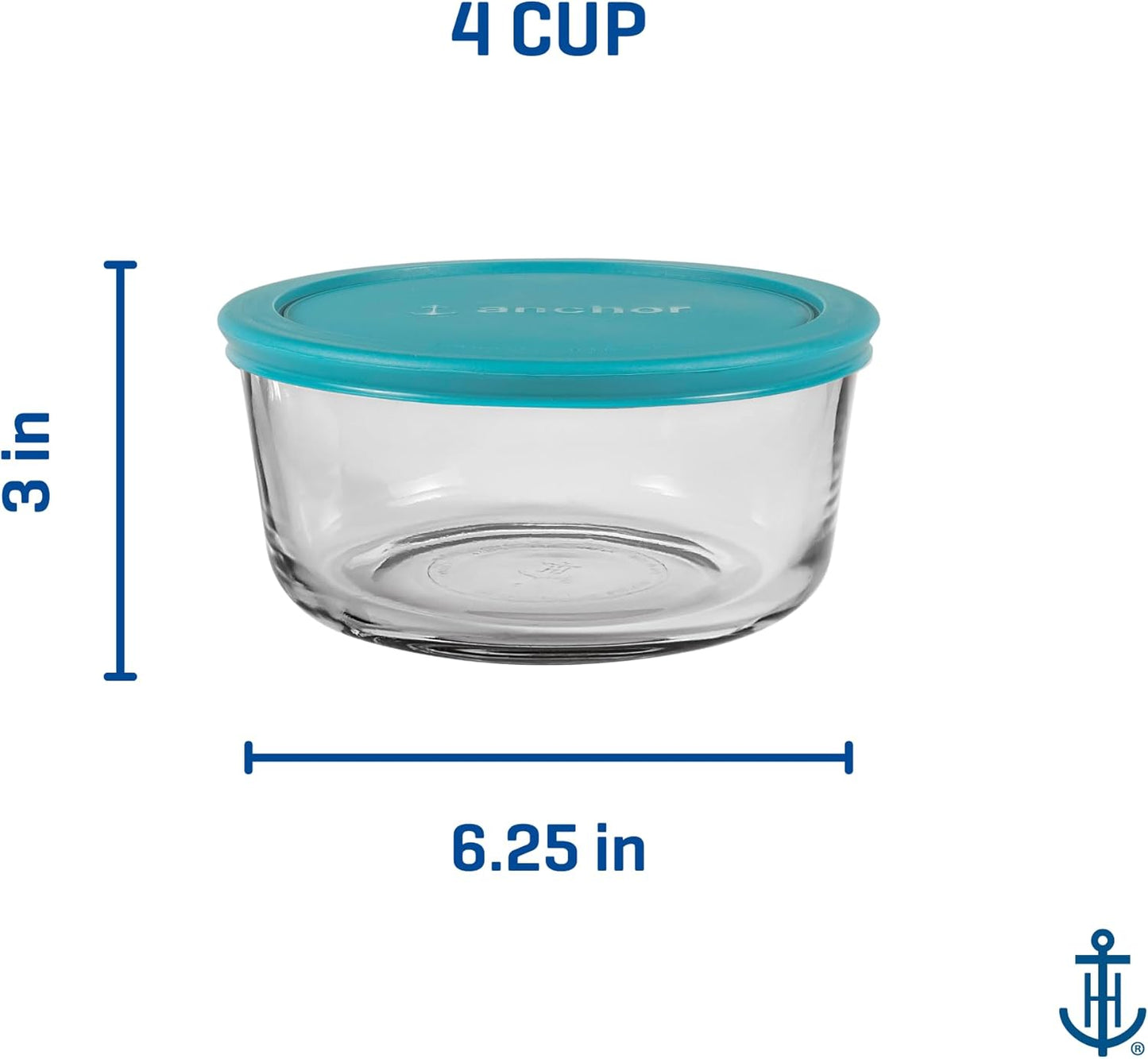 Anchor Hocking 2 Cup Glass Storage Containers with Lids, Set of 4 Glass Food Storage Containers with Mint SnugFit Lids