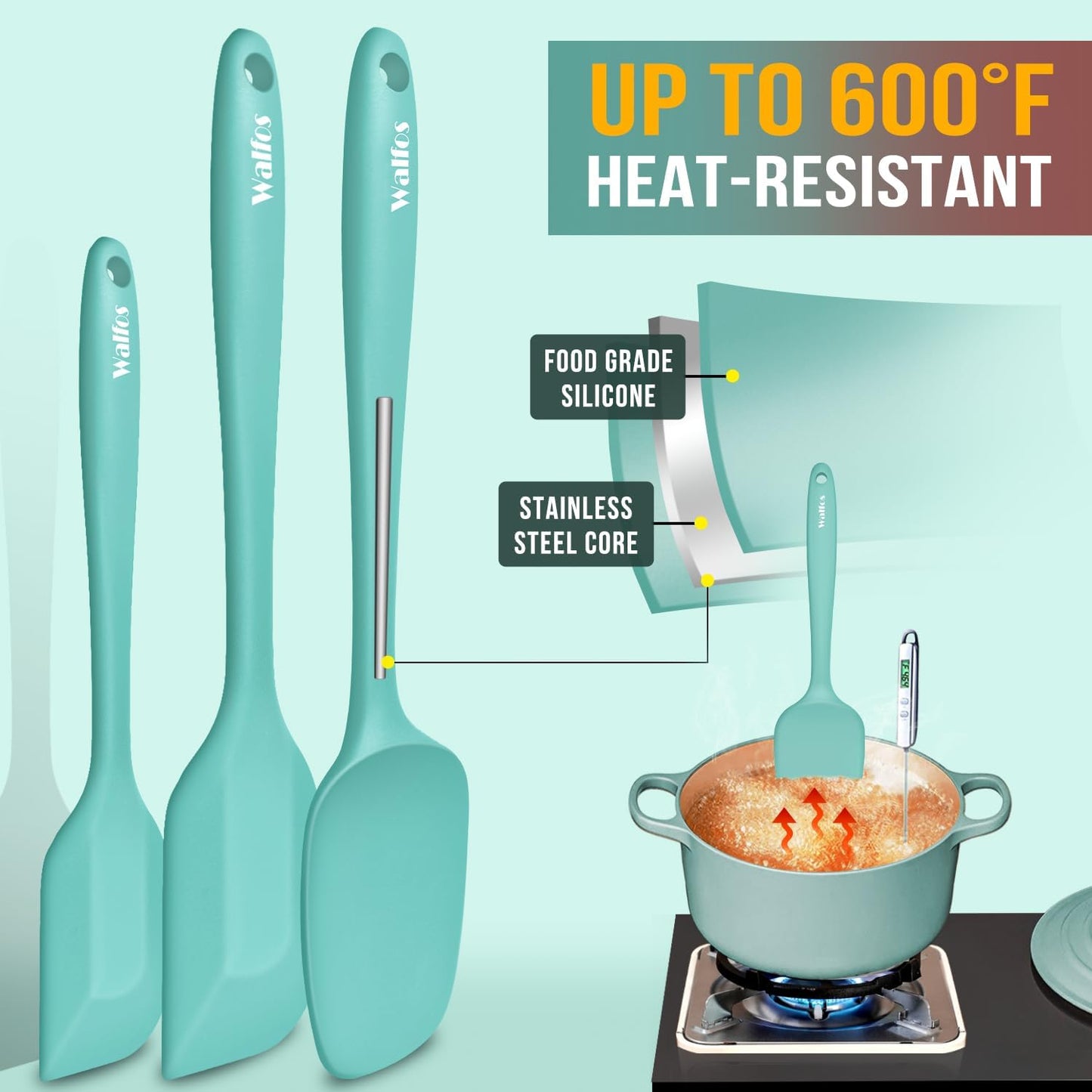 Walfos 600°F High Heat Resistant Silicone Spatula Set of 5- Food Grade Rubber Spatula Set for Baking Cooking & Mixing - BPA Free, Non Stick and Dishwasher Safe,black
