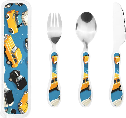 3-Piece Kids Silverware Set With Storage Case, Stainless Steel Reusable Children Safe Knife Spoon Fork Set Astronaut Cat Fish Children Flatware Set For Kids Lunch Box
