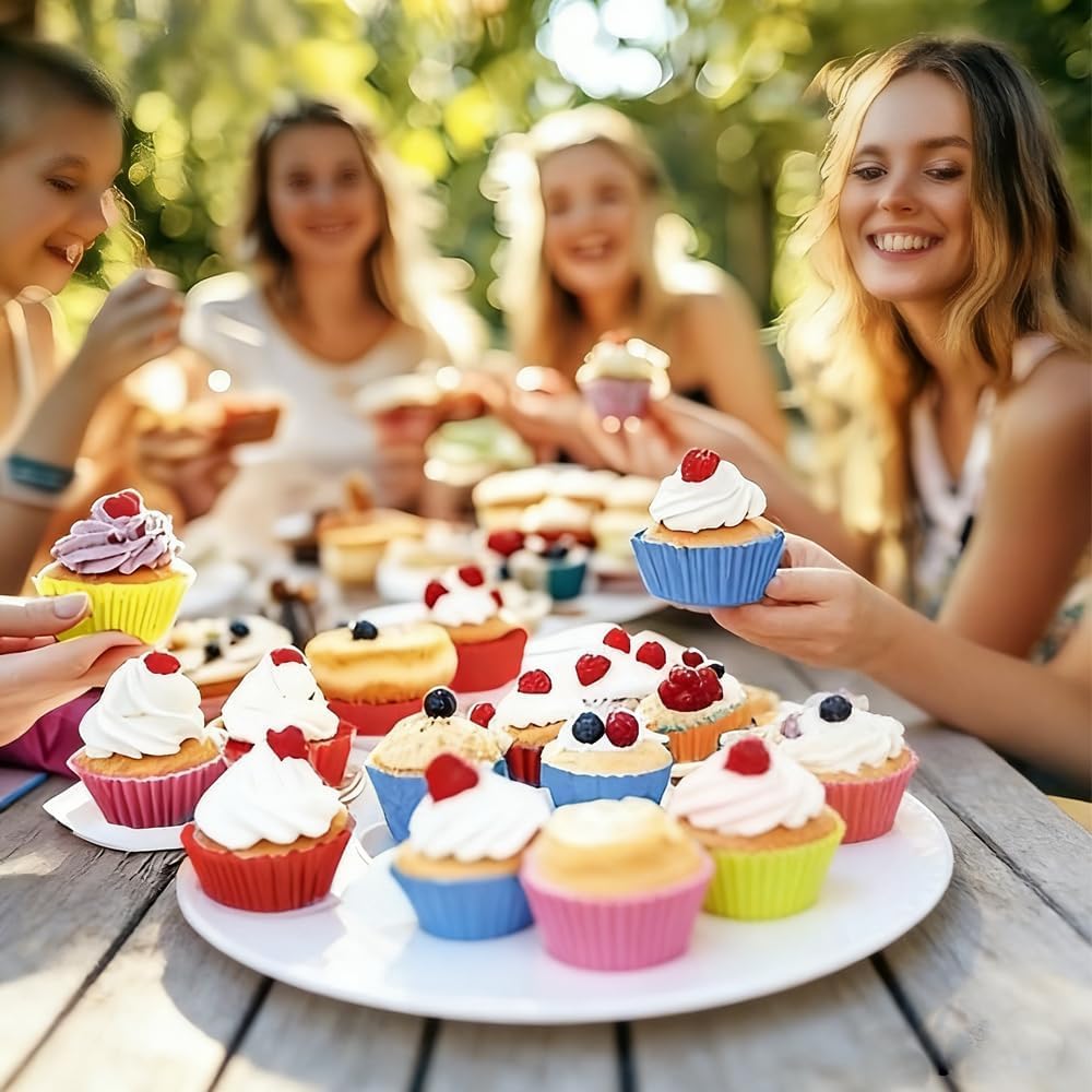 12 Pack Reusable Non-Stick Silicone Baking Cups, 2.8 Inches Muffin Molds for Cakes and Pastries, 6 Rainbow Colors, Round