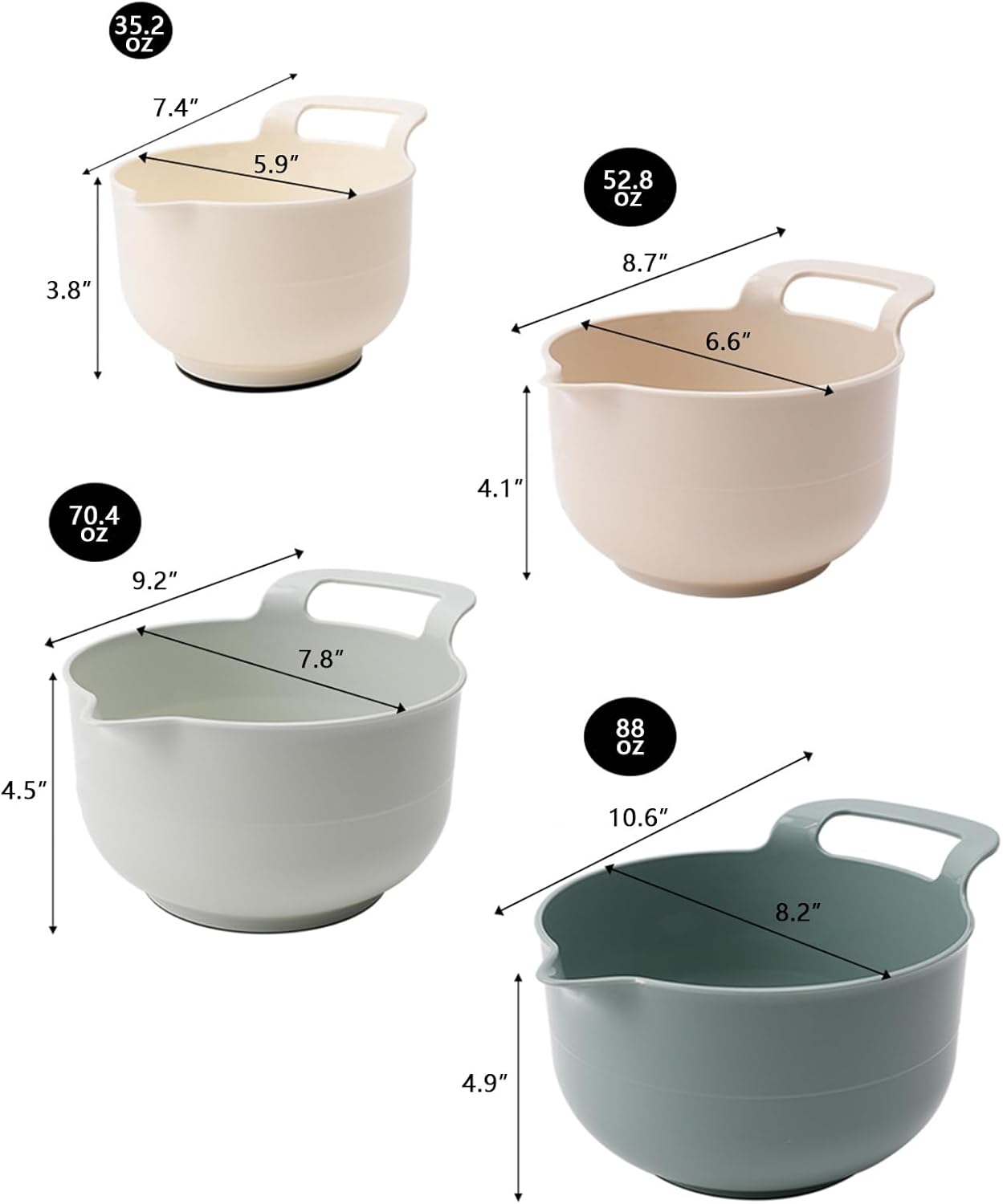 Mixing Bowls - 4 Piece Nesting Plastic Mixing Bowl Set with Pour Spouts and Handles - Non Slip Bottom and Measurement Markings (Light Gray)