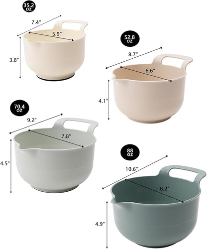 Mixing Bowls - 4 Piece Nesting Plastic Mixing Bowl Set with Pour Spouts and Handles - Non Slip Bottom and Measurement Markings (Light Gray)