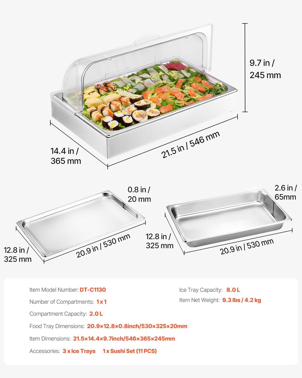 VEVOR Chilled Condiment Server Caddy, 5 Compartment Ice Cooled Serving Container, Plastic Fruit Garnish Tray Platter with Lid, for Taco Salad Bar Accessories, Party Home Restaurant Supplies