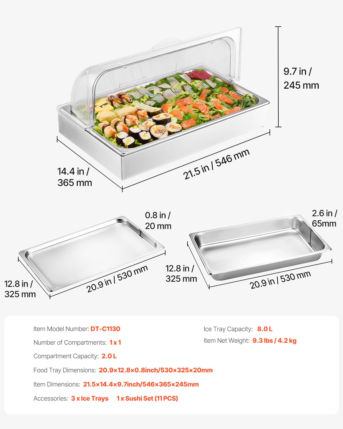 VEVOR Chilled Condiment Server, 4 Compartment Ice Cooled Condiment Serving Container, Chilled Garnish Tray Bar Caddy with Lid, for Bartending & Serving Taco, Salad, Fruit, Home & Restaurant Supplies