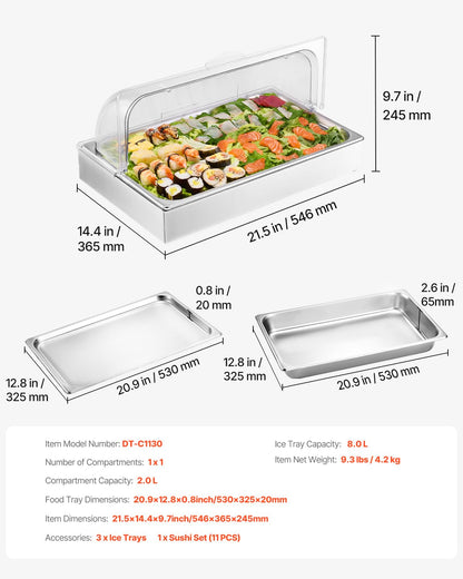 VEVOR Chilled Condiment Server, 4 Compartment Ice Cooled Condiment Serving Container, Chilled Garnish Tray Bar Caddy with Lid, for Bartending & Serving Taco, Salad, Fruit, Home & Restaurant Supplies