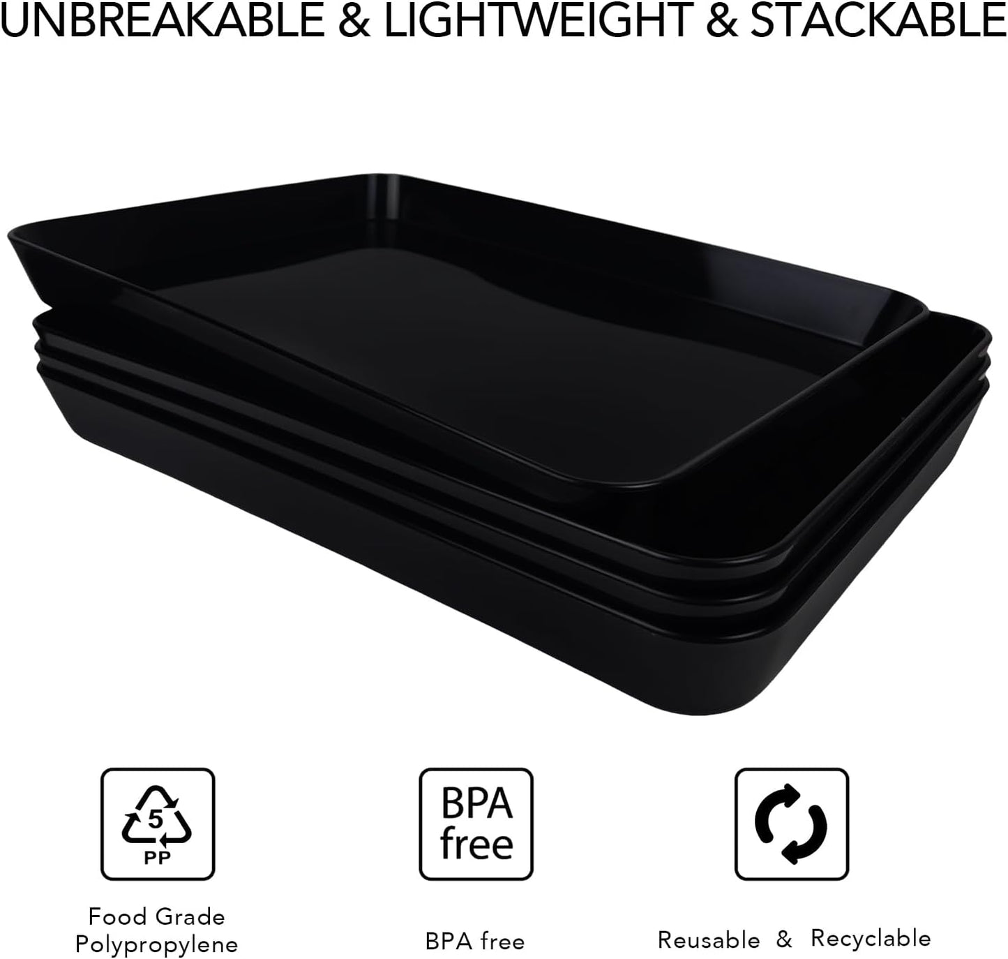greenandlife 4 pcs 16" x 11" Large Serving Trays for Party Supplies, Plastic Platters for Serving Food, Unbreakable Reusable Trays for Snack, Fruit, Cookies, Desserts in Kitchen, BPA Free, Black
